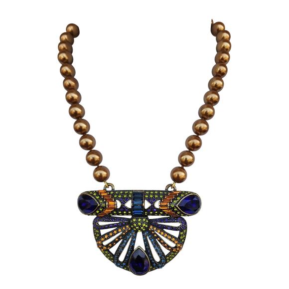 Heidi Daus RARE Gold Pearl Necklace Large Colored Rhinestone Medallion Adjustabl - Picture 9 of 16